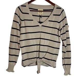 Chaser Long Sleeve Ribbed Beige Black Stripes  V-Neck Tie Front Sweater Small S